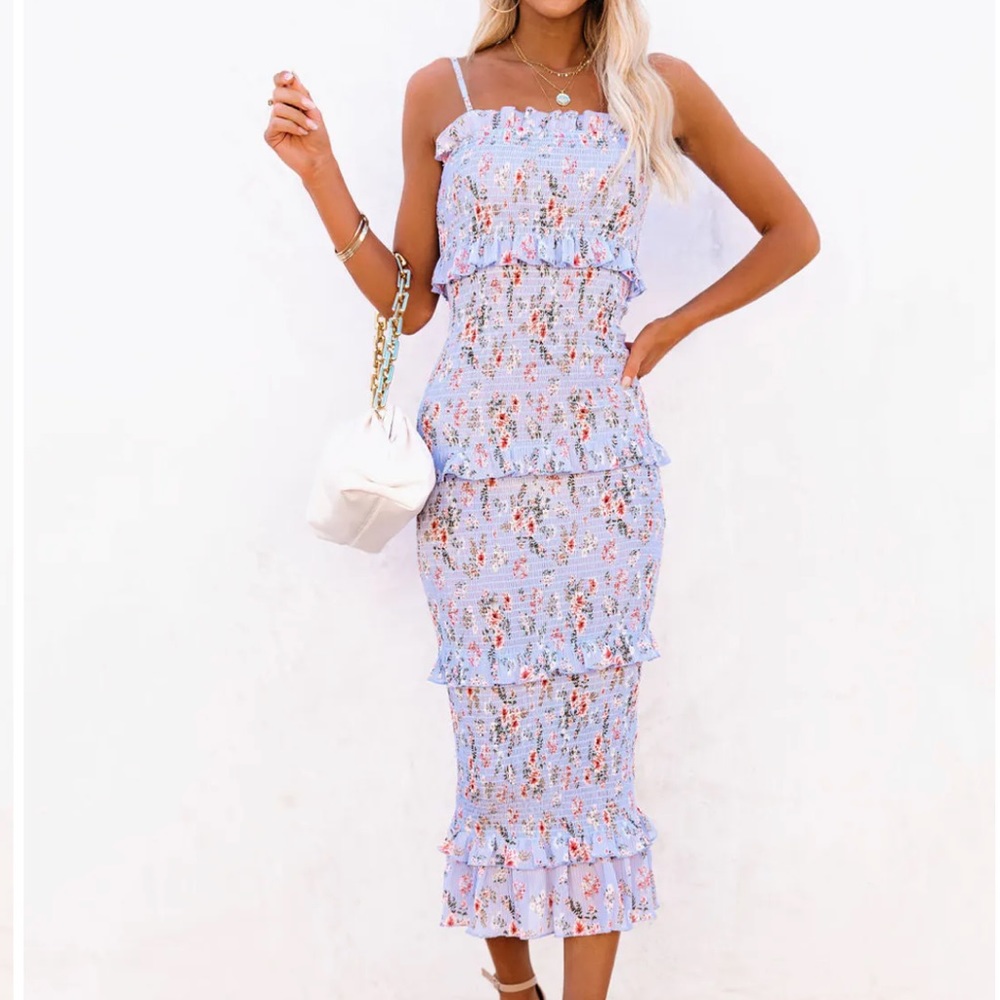 VICI “Be my guest floral smocked ruffle midi dress”